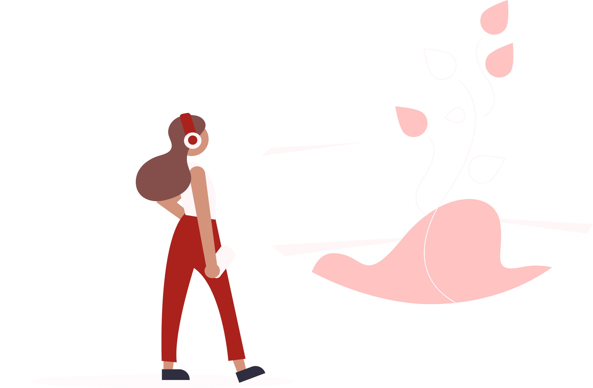 Woman with long hair wearing red pants and headphones, standing and looking at a stylized pink plant with leaves on a black background.