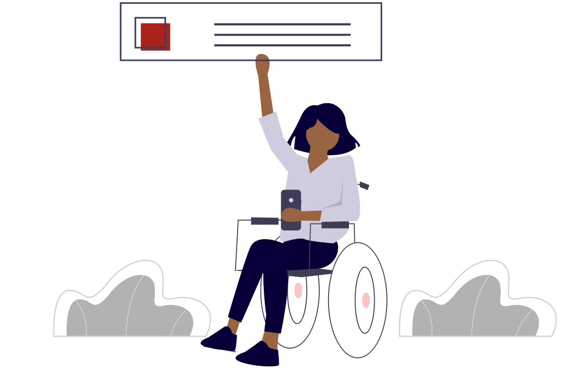 Person with dark hair in a wheelchair holding a phone and raising one arm, with abstract shapes and a notification box above.