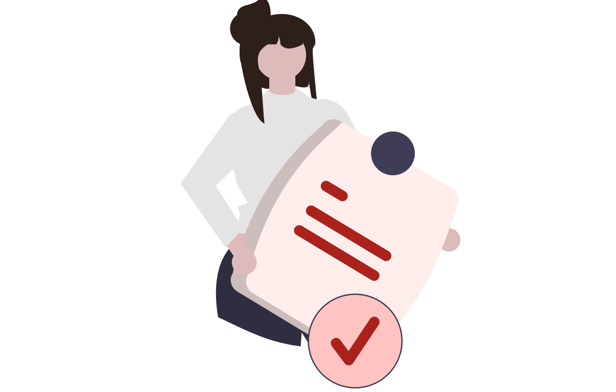 Illustration of a person holding a large document with red lines and a red checkmark in front.