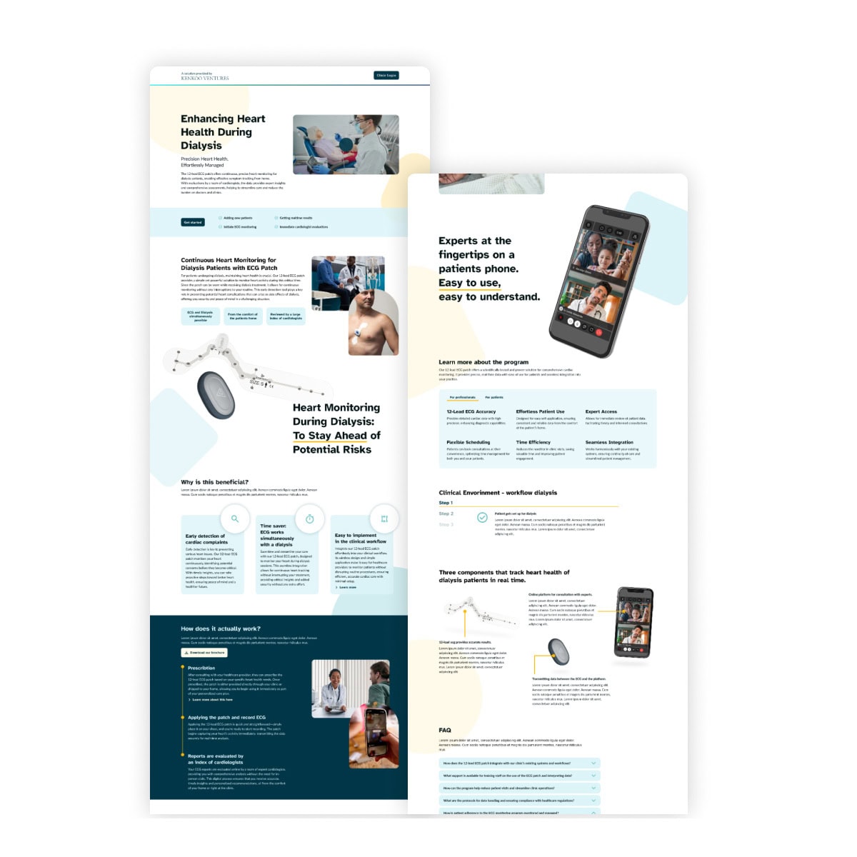 Two website screens about heart health monitoring during dialysis, featuring images of patients, a wearable heart monitor, and a smartphone app with expert consultations.