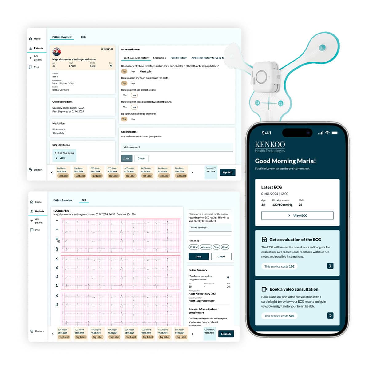 Digital health interface showing a patient's ECG report and medical details on a computer screen alongside a smartphone app displaying ECG summary and options for evaluation and video consultation