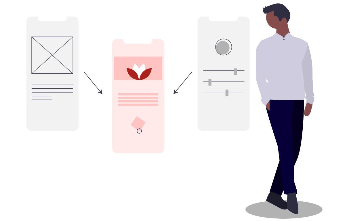 Illustration of a person standing next to three smartphone screens showing app interface designs with icons, text, and sliders.