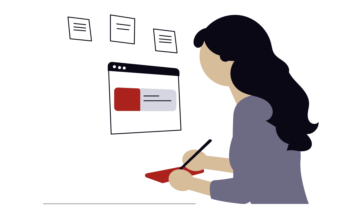 Person with long dark hair writing on a red notebook, illuminated by a screen displaying a red and white notification or message.