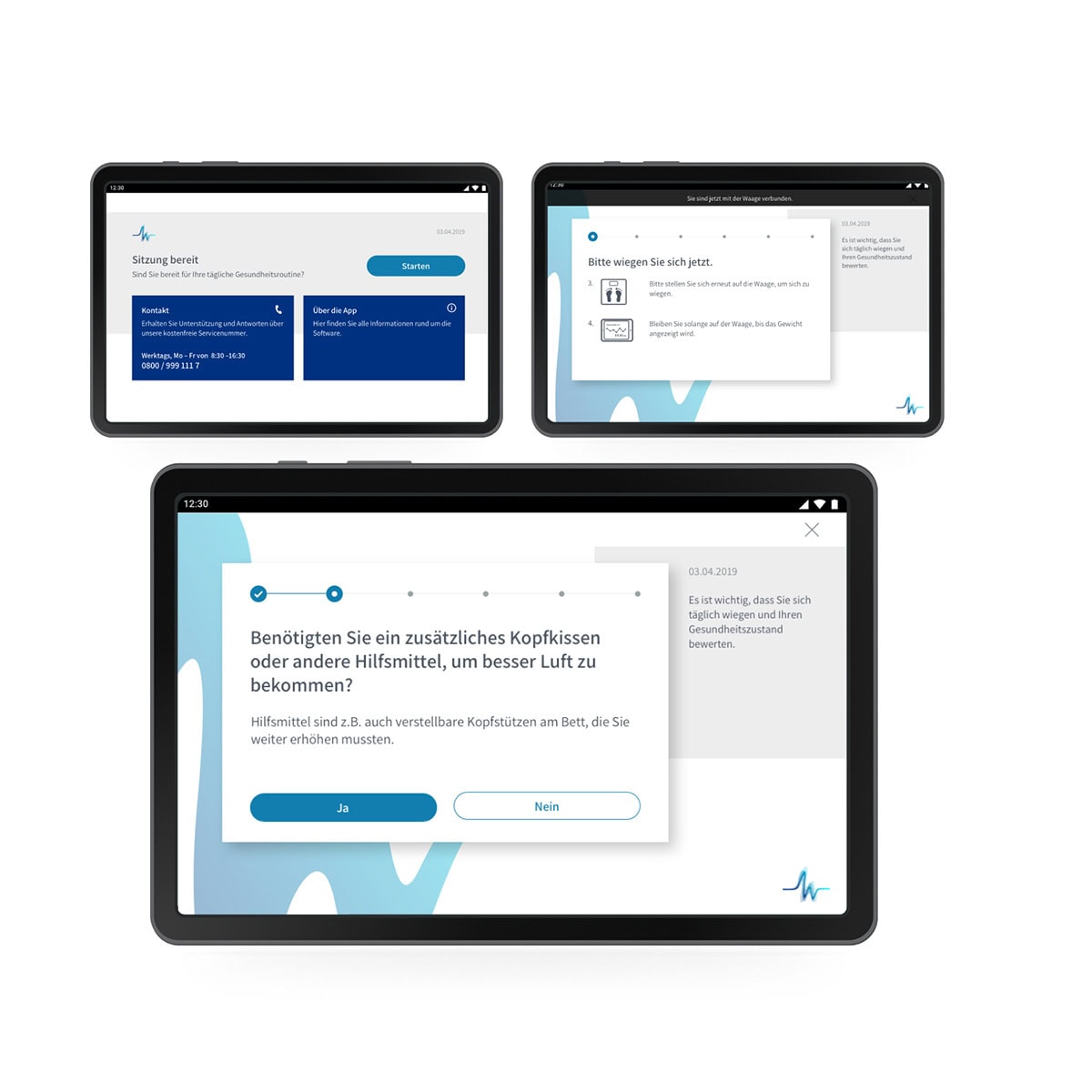 Three tablet screens showing a German-language medical app interface with options for session preparation, instructions, and a question about needing extra pillows or aids for better breathing.